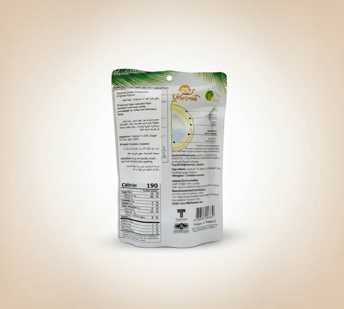 Back view of Thai Ranee Crispconut Original Roasted Coconut Chips resealable snack pouch with nutritional details.