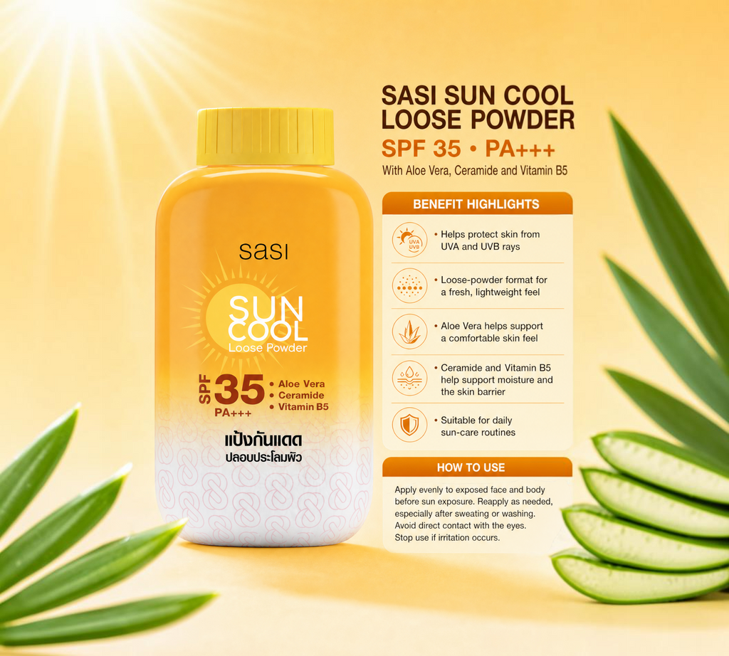 Thai Ranee Sasi Sun Cool loose powder bottle with SPF 35 PA+++, featuring aloe vera, ceramide, and vitamin B5.