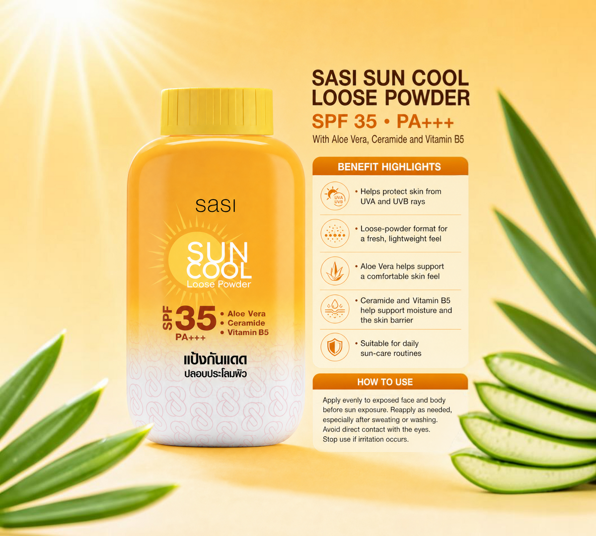 Thai Ranee Sasi Sun Cool loose powder bottle with SPF 35 PA+++, featuring aloe vera, ceramide, and vitamin B5.