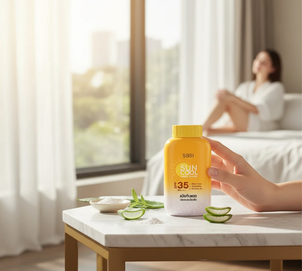 Thai Ranee Sasi Sun Cool loose powder with SPF 35, aloe vera, and ceramide on a marble table with fresh aloe slices.