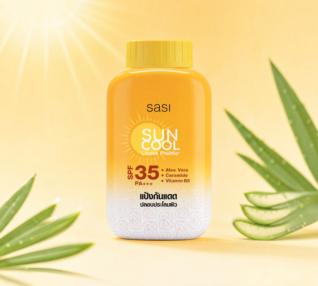 Thai Ranee Sasi Sun Cool loose powder with SPF 35 PA+++, featuring aloe vera, ceramide, and vitamin B5 in a bottle.