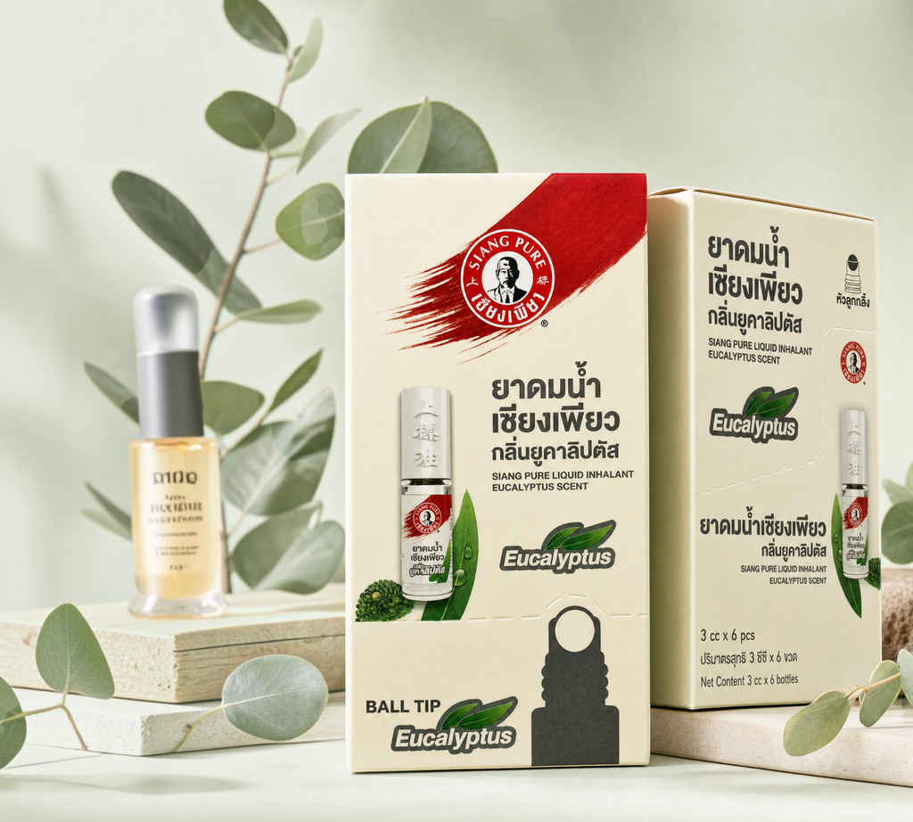 Thai Ranee Siang Pure liquid inhalant eucalyptus scent with ball tip applicator, pack of six 3cc bottles.