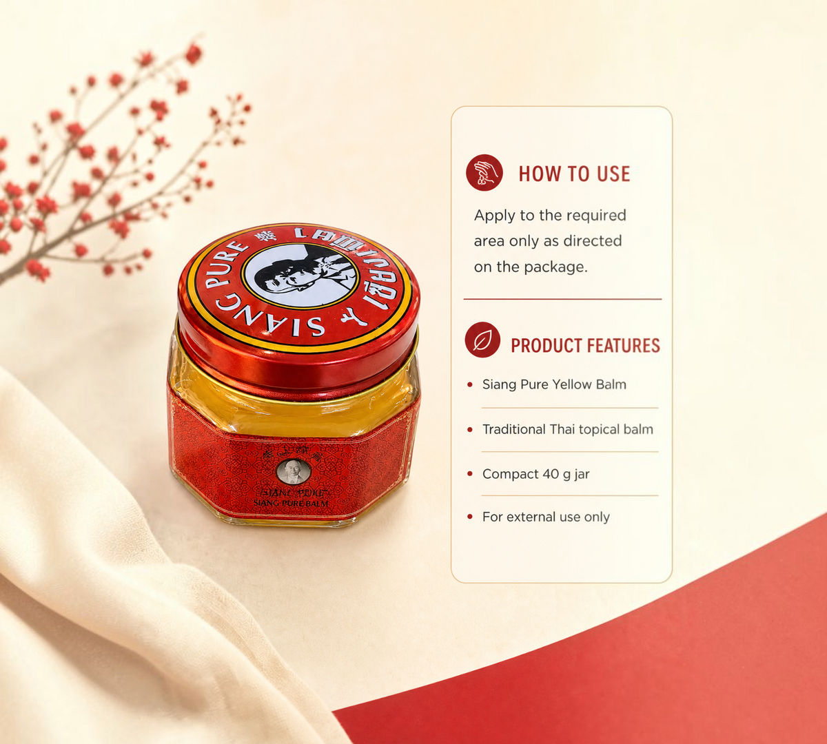 Thai Ranee Siang Pure Yellow Balm in a 40g glass jar with a red metallic lid and traditional Thai herbal label.