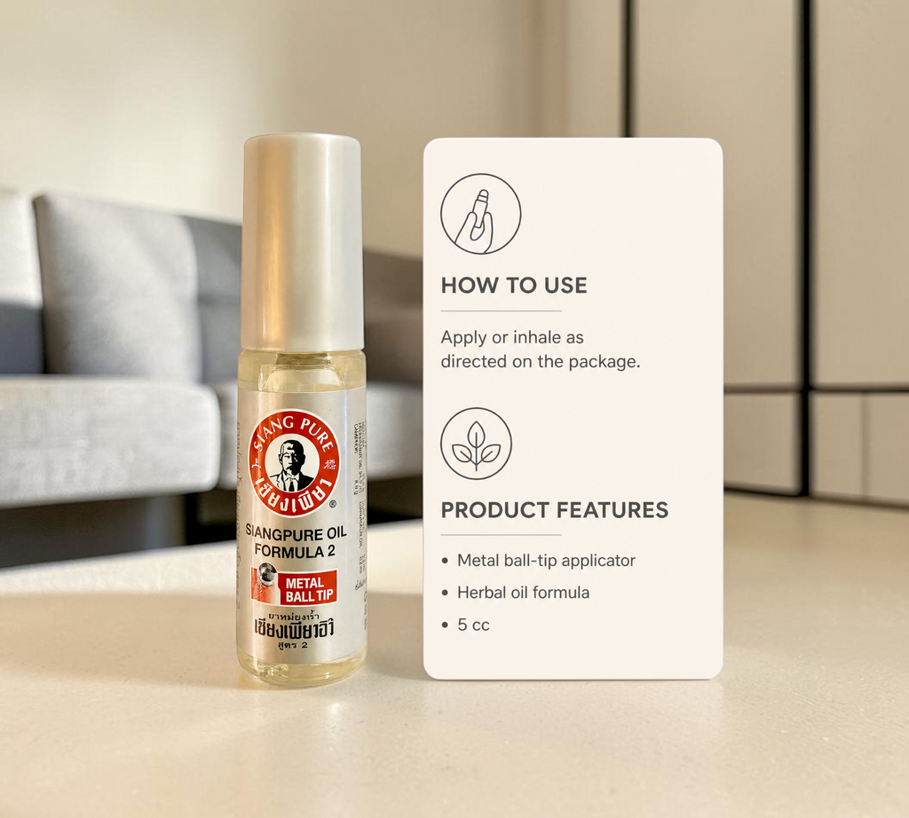 Thai Ranee Siangpure Oil Formula 2 herbal oil in a 5cc bottle with a convenient metal ball-tip applicator.