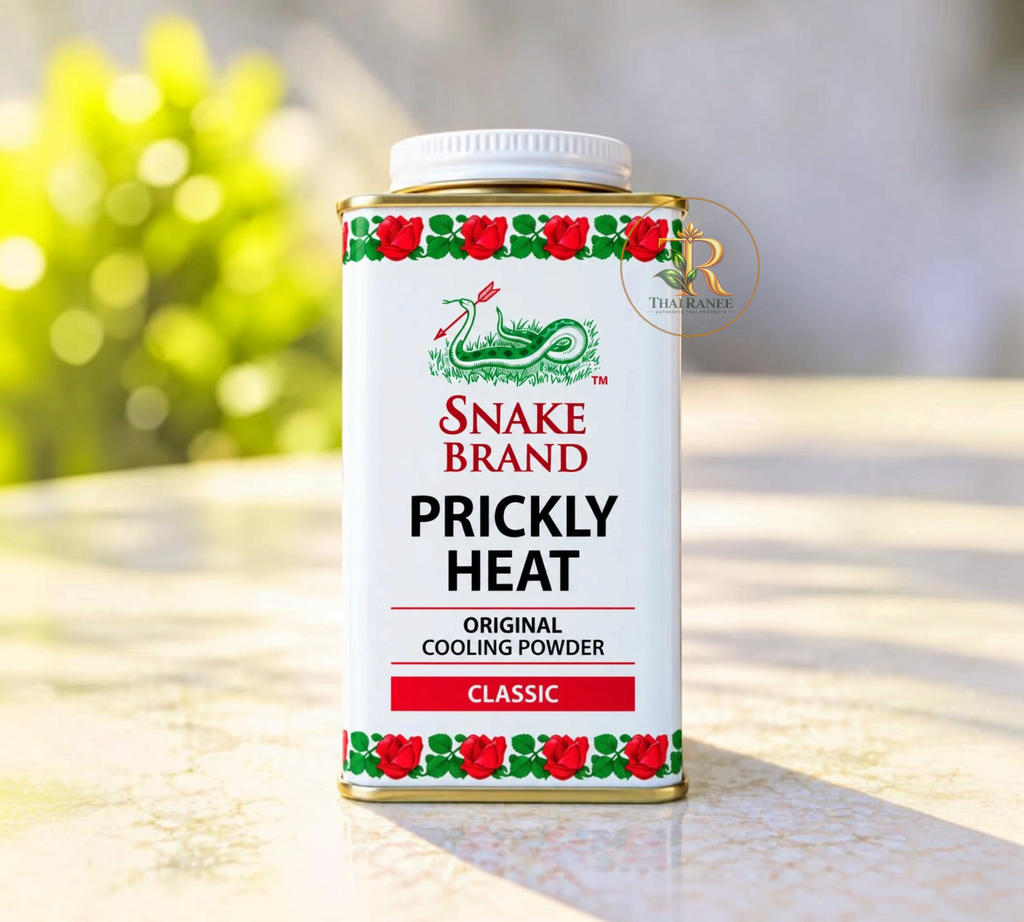 Thai Ranee Snake Brand Prickly Heat Original cooling powder in a classic white metal tin with red rose floral border.