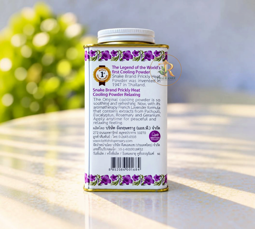 Thai Ranee Snake Brand French Lavender cooling powder metal canister with floral design and product information
