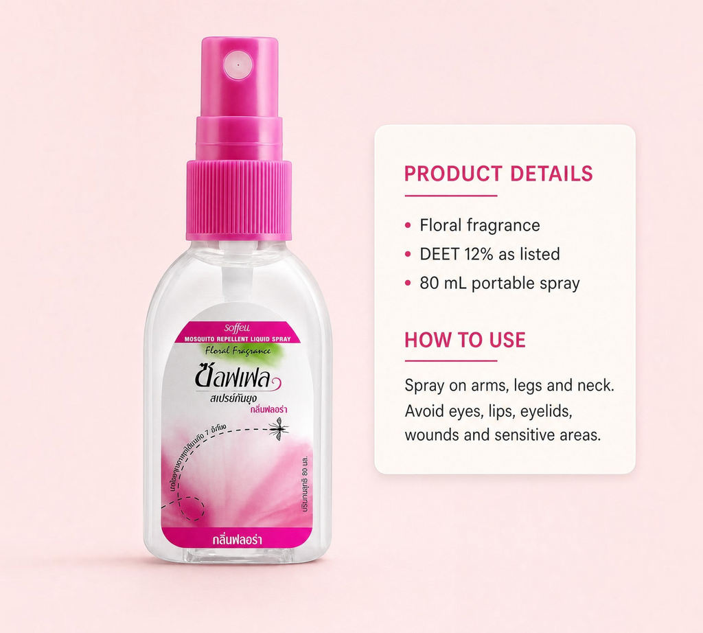 Thai Ranee Soffell floral mosquito repellent liquid spray in a clear 80ml bottle with a pink spray cap.