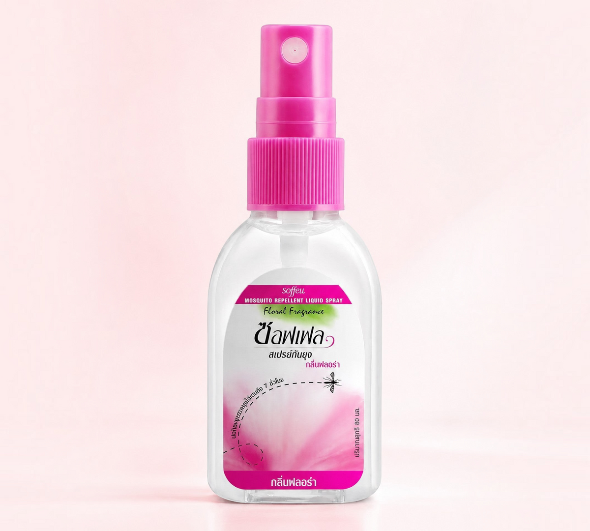 Thai Ranee Soffell floral fragrance mosquito repellent liquid spray in a clear bottle with a pink spray nozzle