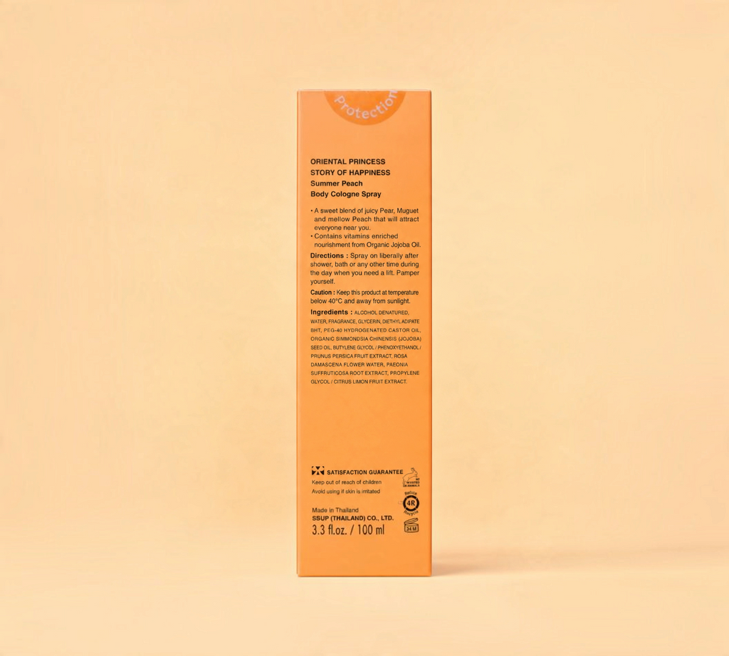 Thai Ranee Oriental Princess Summer Peach Body Cologne Spray packaging back view with product details and ingredients