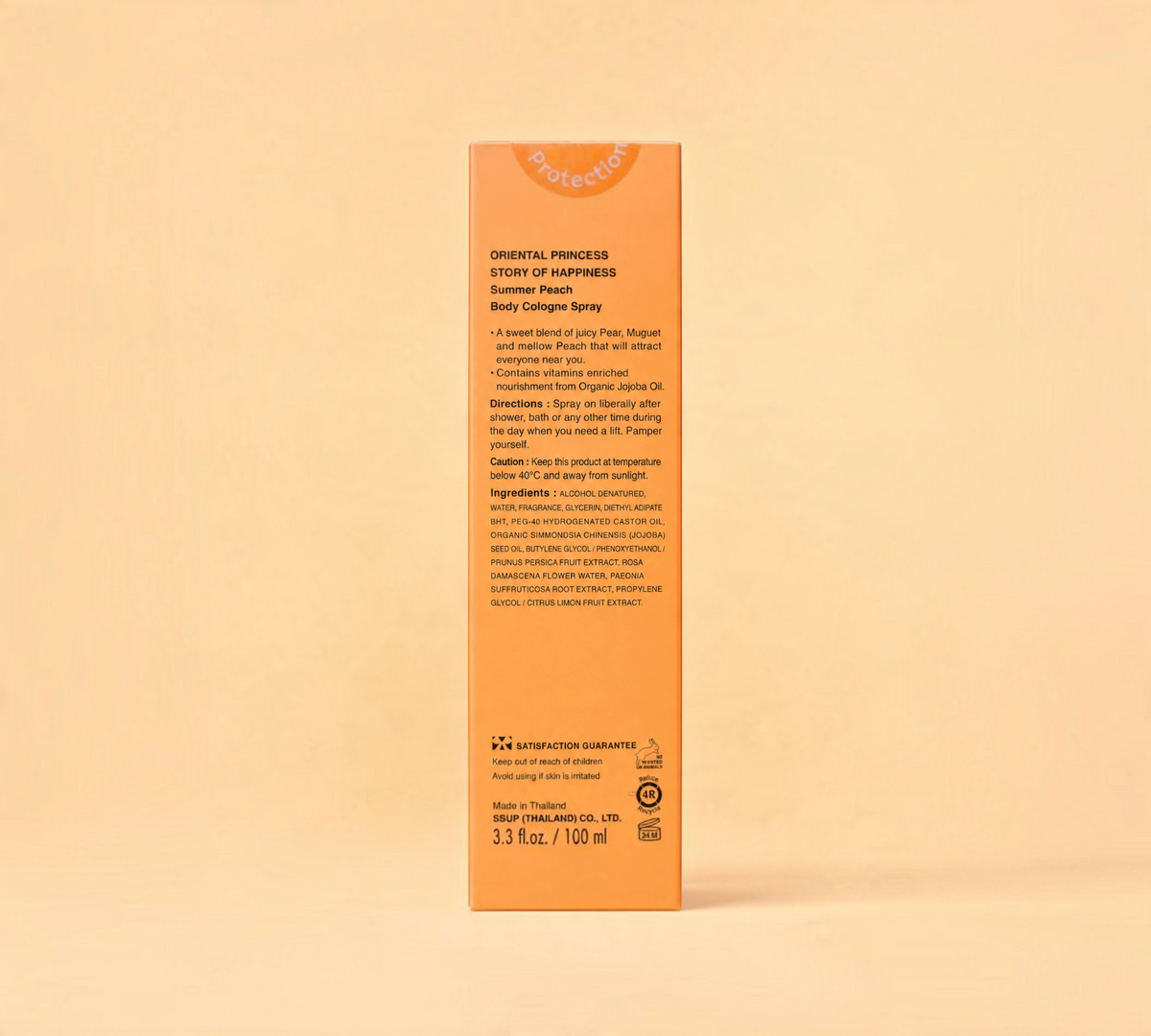 Thai Ranee Oriental Princess Summer Peach Body Cologne Spray packaging back view with product details and ingredients