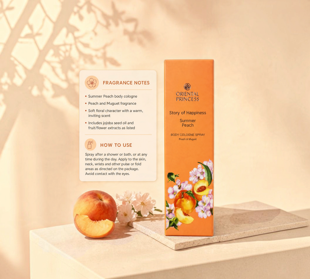 Thai Ranee Oriental Princess Summer Peach body cologne spray bottle with peach and floral illustrations on packaging