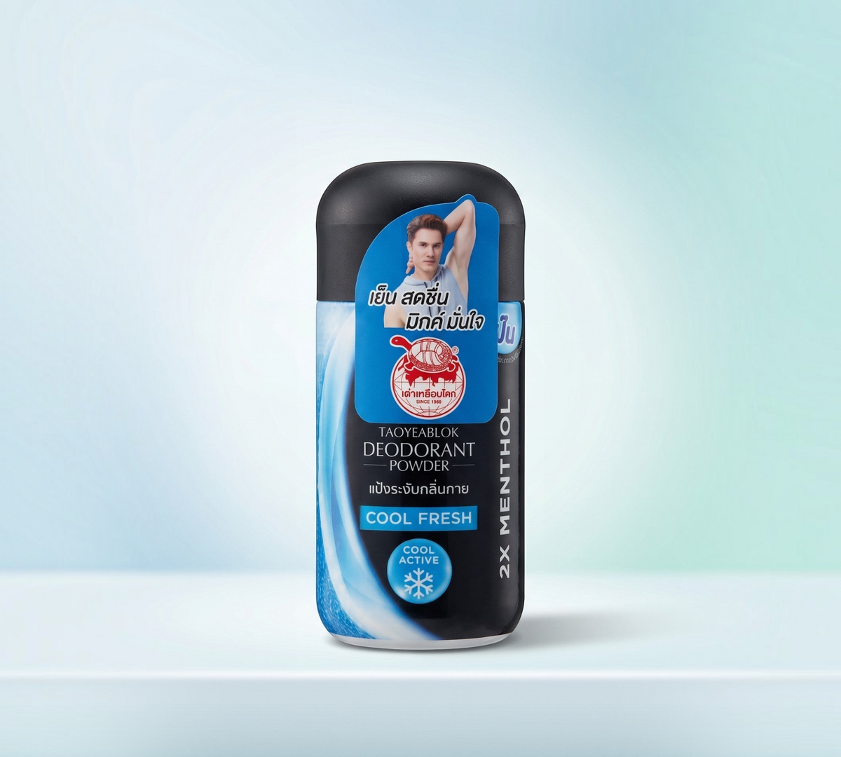 Thai Ranee Taoyeablok Menthol Deodorant Powder in a black bottle with Cool Fresh branding for long-lasting freshness.