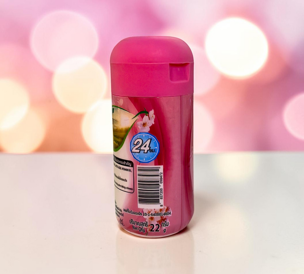 Thai Ranee Taoyeablok Sakura whitening deodorant powder in a pink 22g bottle with 24-hour odour protection.