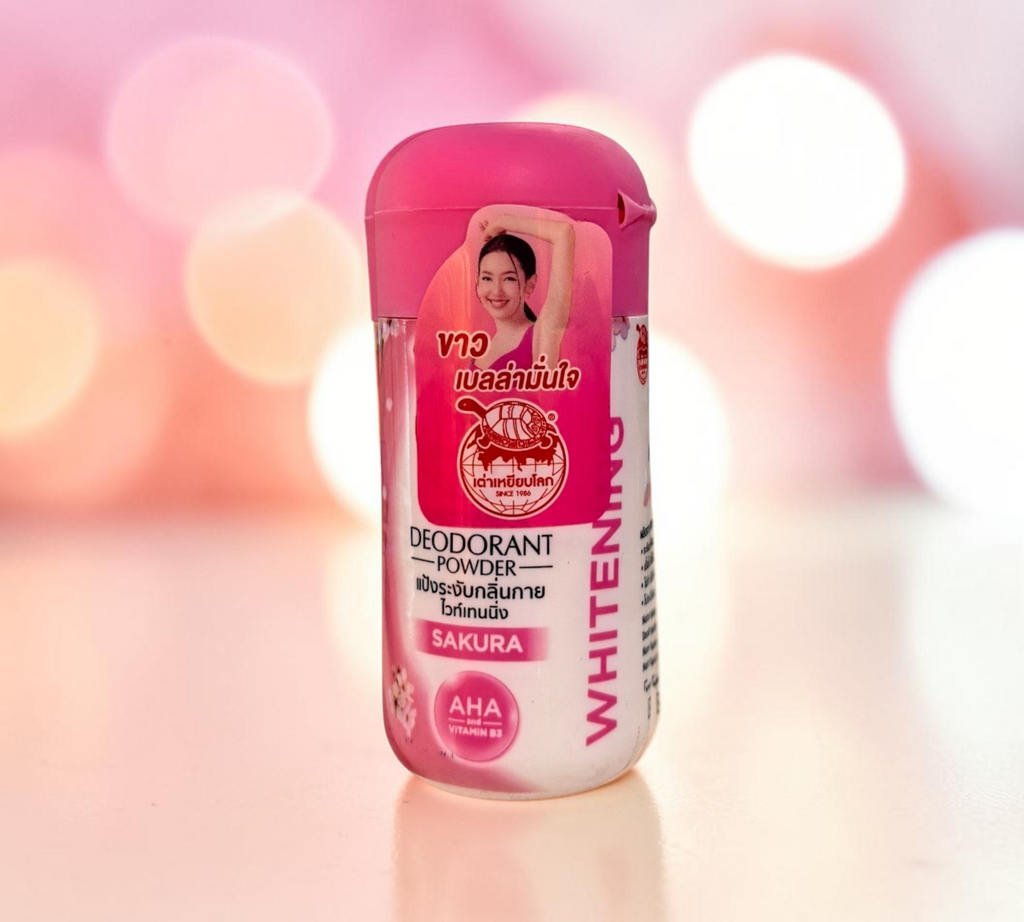 Thai Ranee TAOYEABLOK Sakura whitening deodorant powder bottle with pink cap and skin-brightening AHA and Vitamin B3