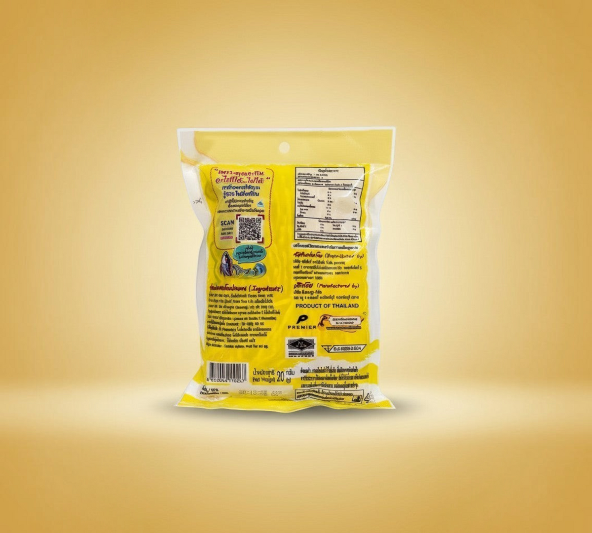 Back view of Thai Ranee Taro Fish Snack packaging showing nutritional information and ingredients in yellow and white.