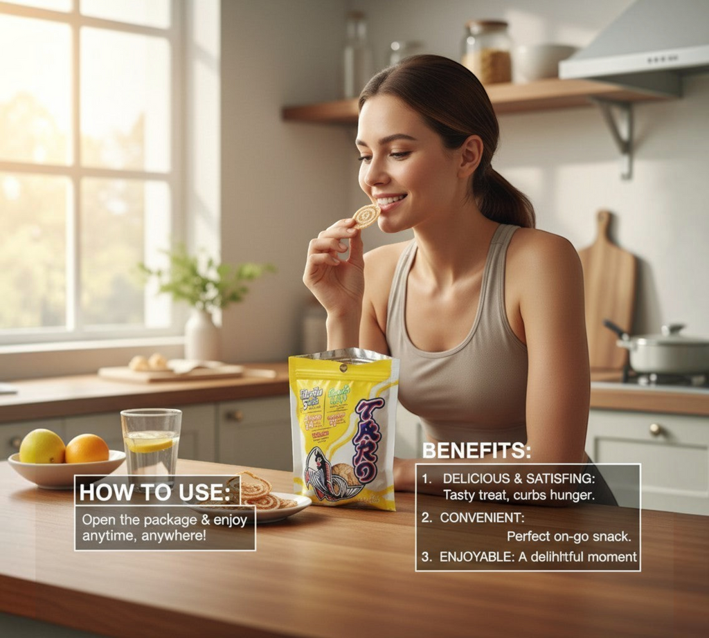 Thai Ranee Taro Fish Snack savoury strips being enjoyed by a woman in a bright, modern kitchen setting.