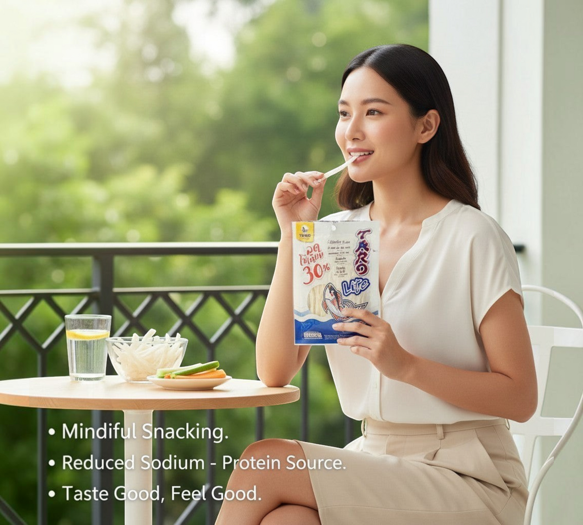 Thai Ranee Taro Lite fish snack strips held by a woman on a balcony, featuring reduced sodium and high protein.
