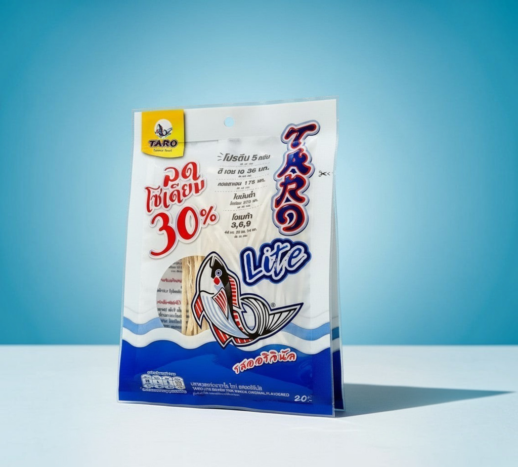 Thai Ranee Taro Lite fish snack strips in a white and blue pouch with 30% reduced sodium label