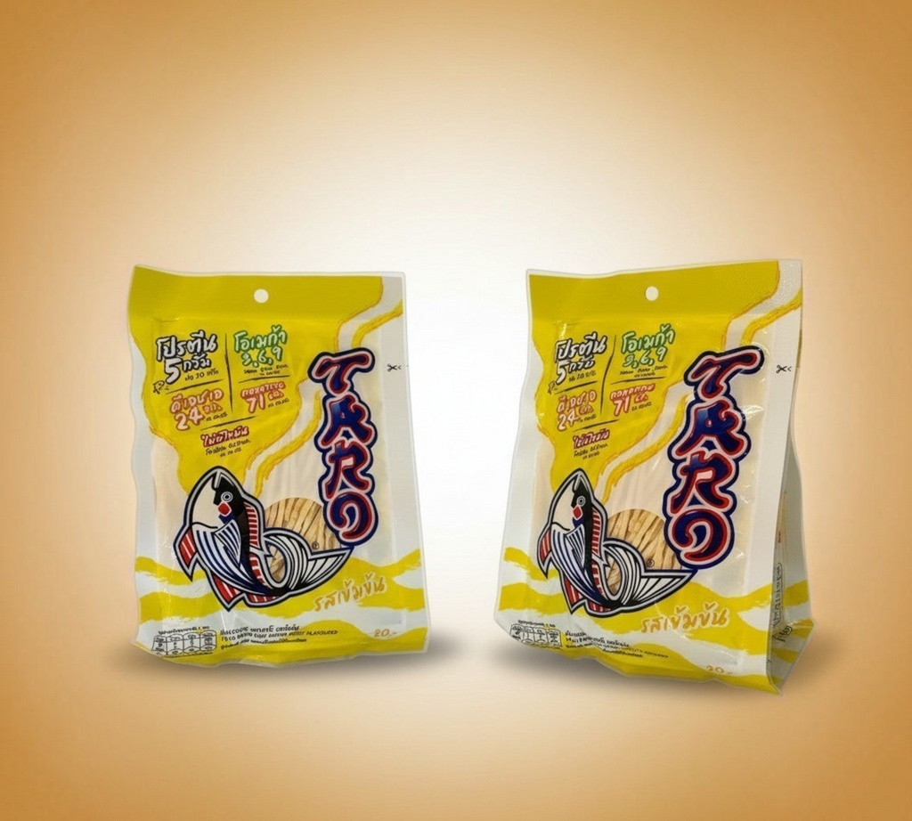 Thai Ranee Taro savoury fish snack strips in yellow resealable packaging featuring fish graphic and nutritional info