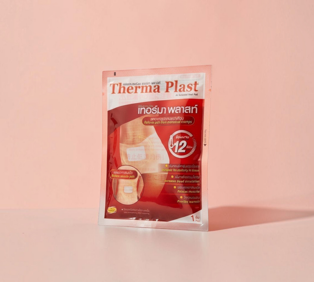 Thai Ranee Therma Plast air-activated heat pad in red packaging for 12-hour muscle pain and cramp relief.