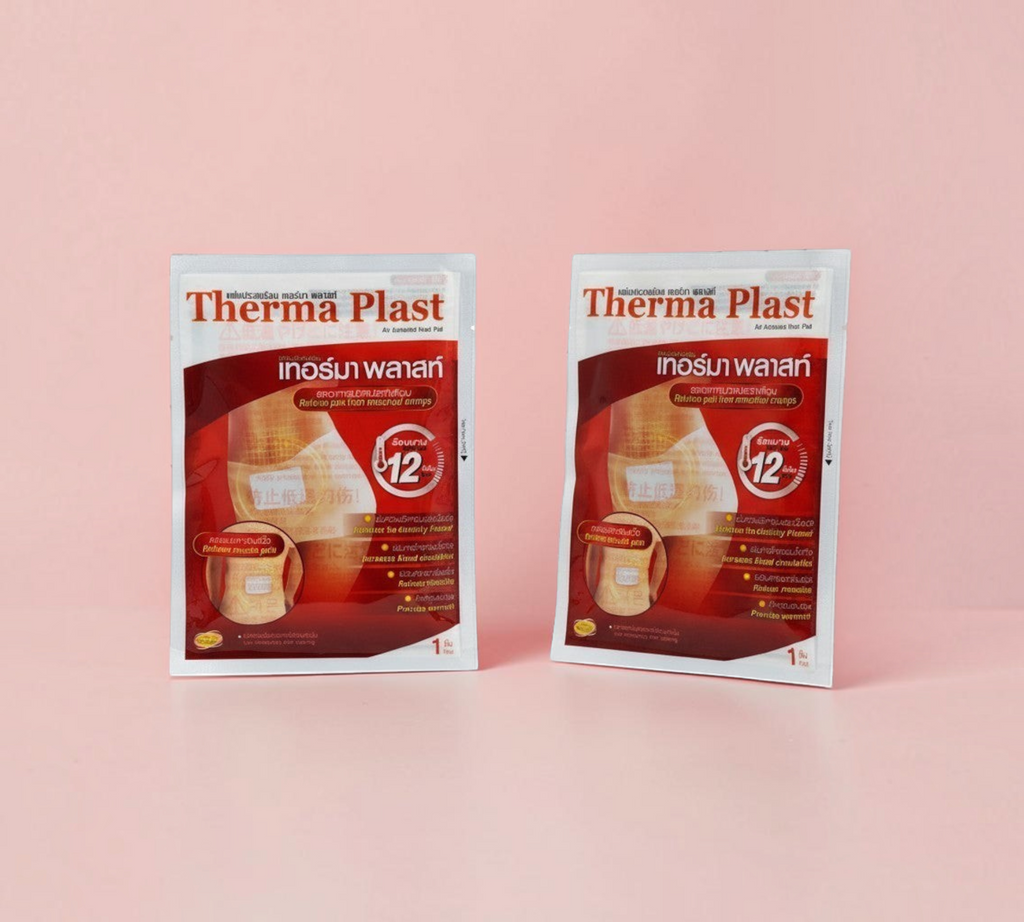 Thai Ranee Therma Plast air-activated heat pads for 12-hour muscle pain relief in individual white and red packaging.