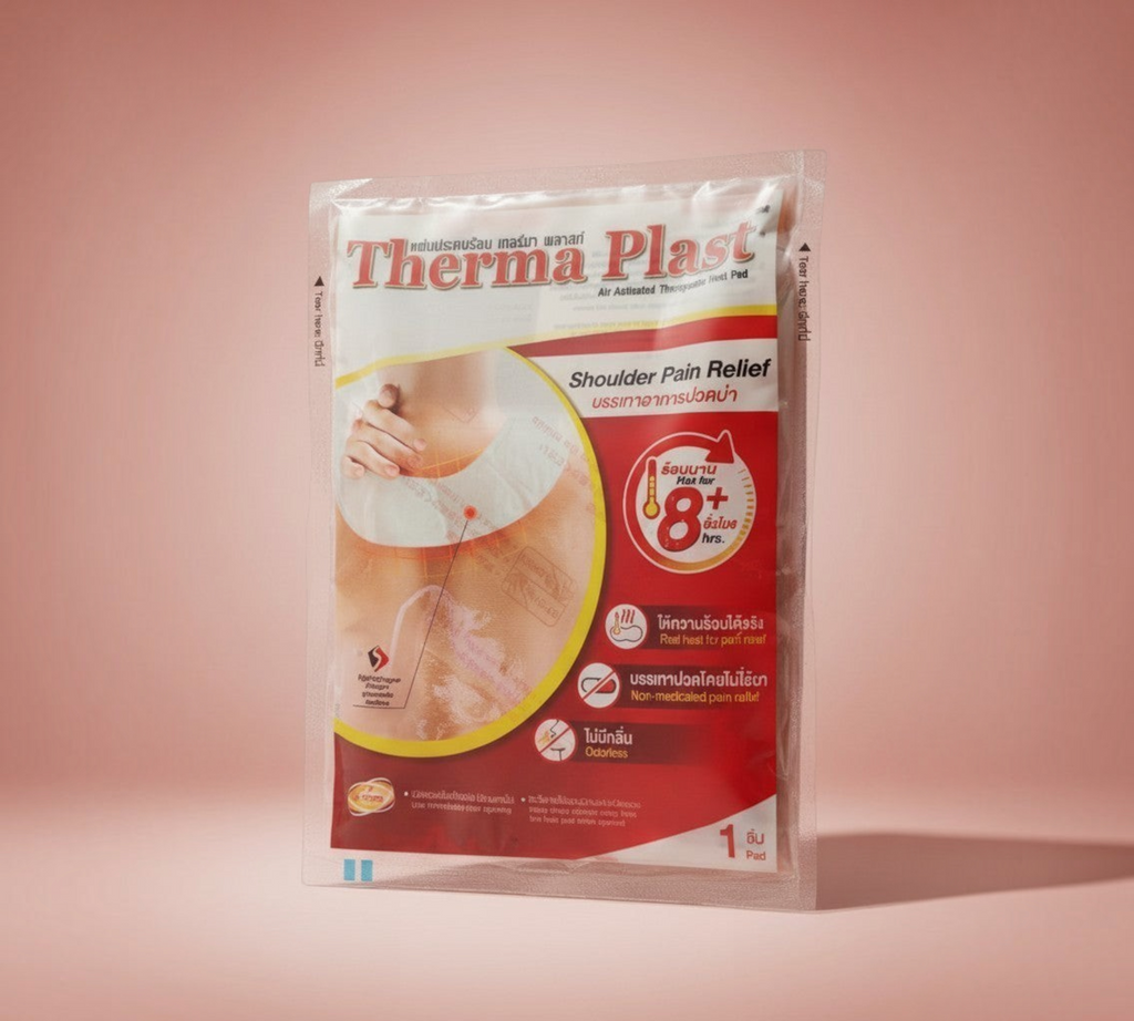 Thai Ranee Therma Plast air-activated shoulder pain relief heat pad in clear packaging for 8-hour muscle therapy.