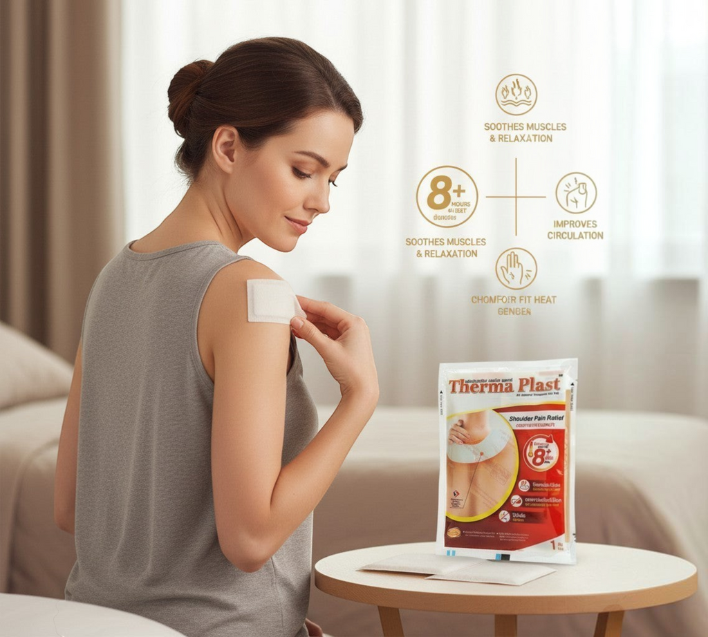 Thai Ranee Therma Plast air-activated heat pad applied to a woman's shoulder for therapeutic pain relief