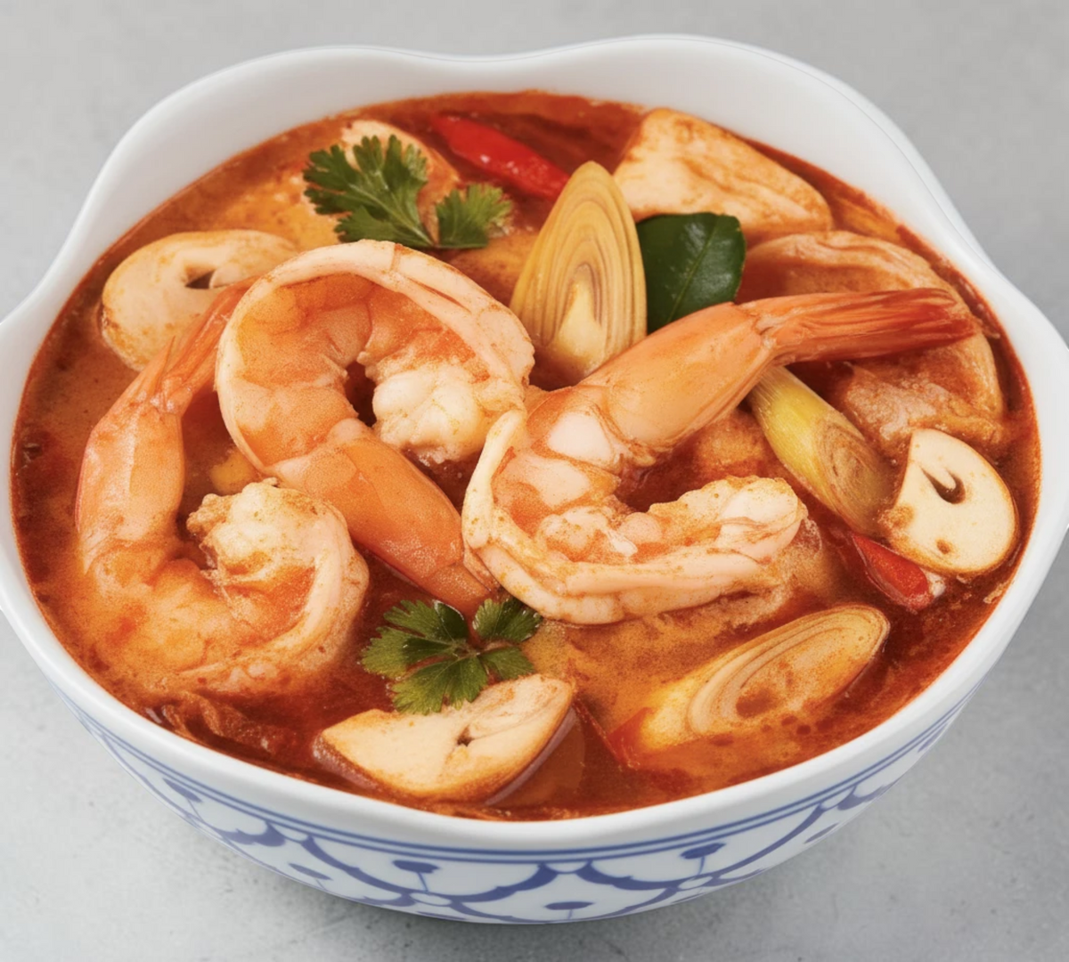 Thai Ranee bowl of spicy Tom Yum soup with large shrimp, sliced mushrooms, lemongrass, and fresh cilantro garnish