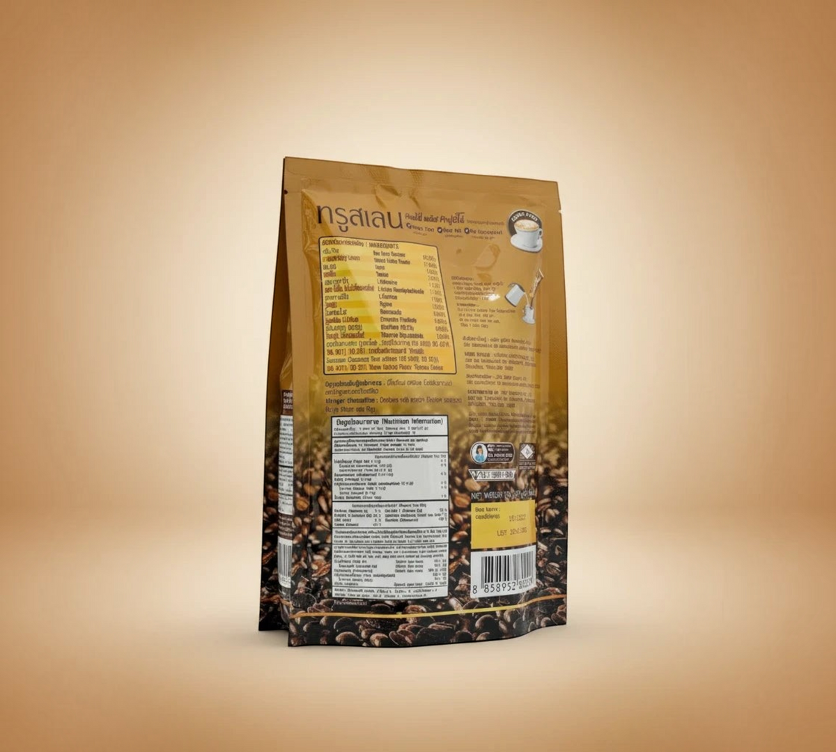 Thai Ranee Truslen Coffee Plus Cappuccino instant coffee mix sachet showing nutritional information and ingredients