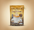 Thai Ranee Truslen Coffee Plus Cappuccino sugar-free instant coffee mix in a gold sachet with coffee bean background.
