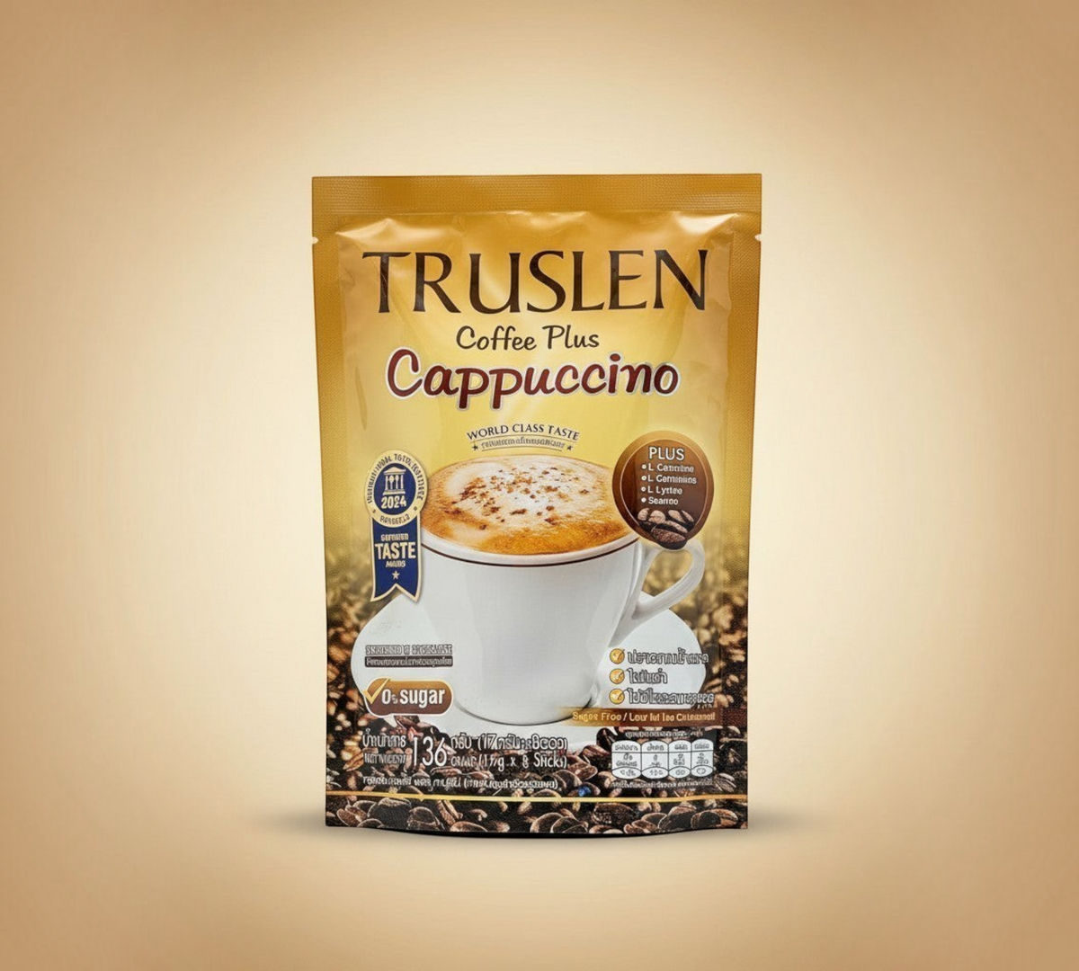 Thai Ranee Truslen Coffee Plus Cappuccino sugar-free instant coffee mix in a gold sachet with coffee bean background.