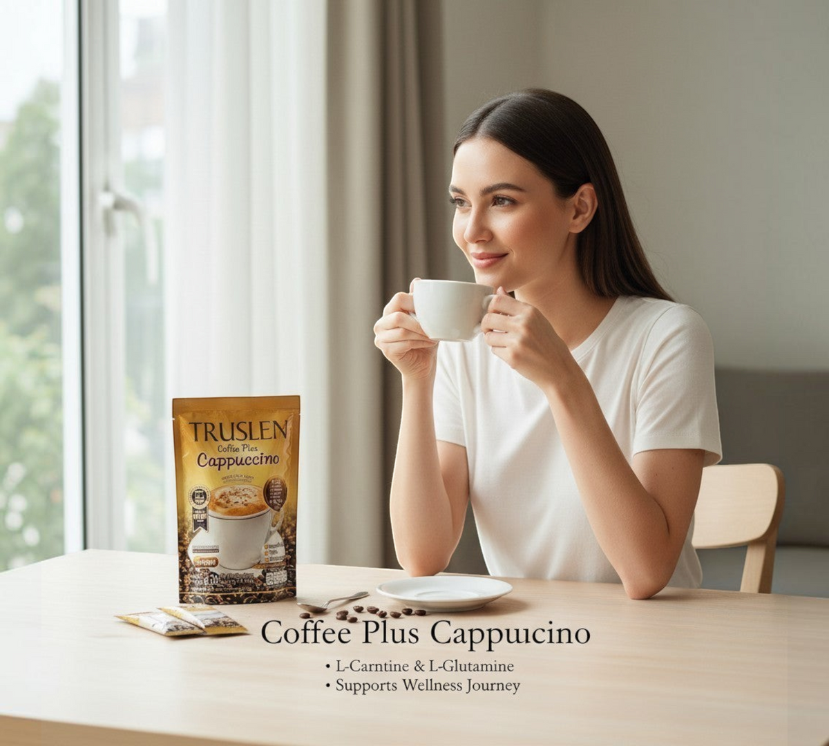 Thai Ranee Truslen Coffee Plus Cappuccino instant mix with a woman enjoying a cup of coffee at a bright table.