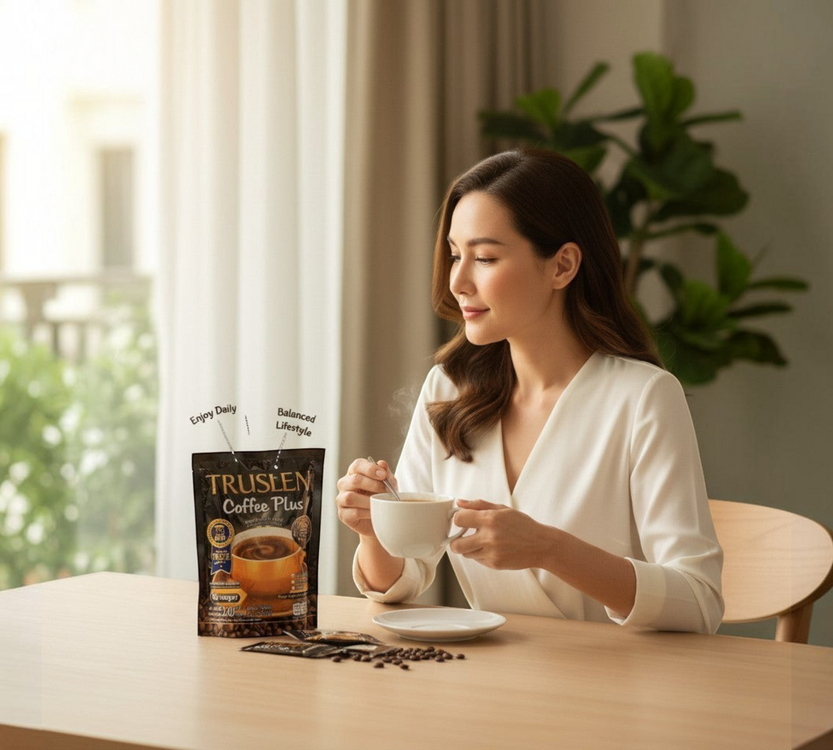 Thai Ranee TRUSLEN Coffee Plus instant beverage mix sachet next to a woman enjoying a warm cup of coffee at a table.