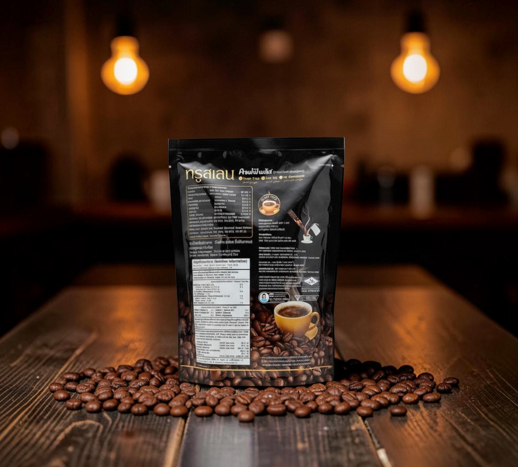 Thai Ranee TRUSLEN Coffee Plus sugar-free instant beverage mix pouch with nutritional information and coffee beans