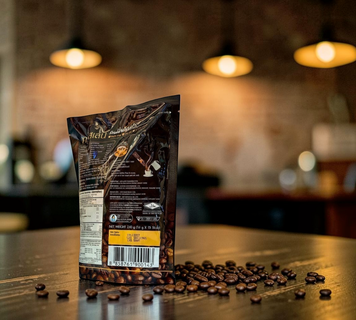 Thai Ranee TRUSLEN Coffee Plus instant beverage mix sachet back view featuring product details and nutrition facts
