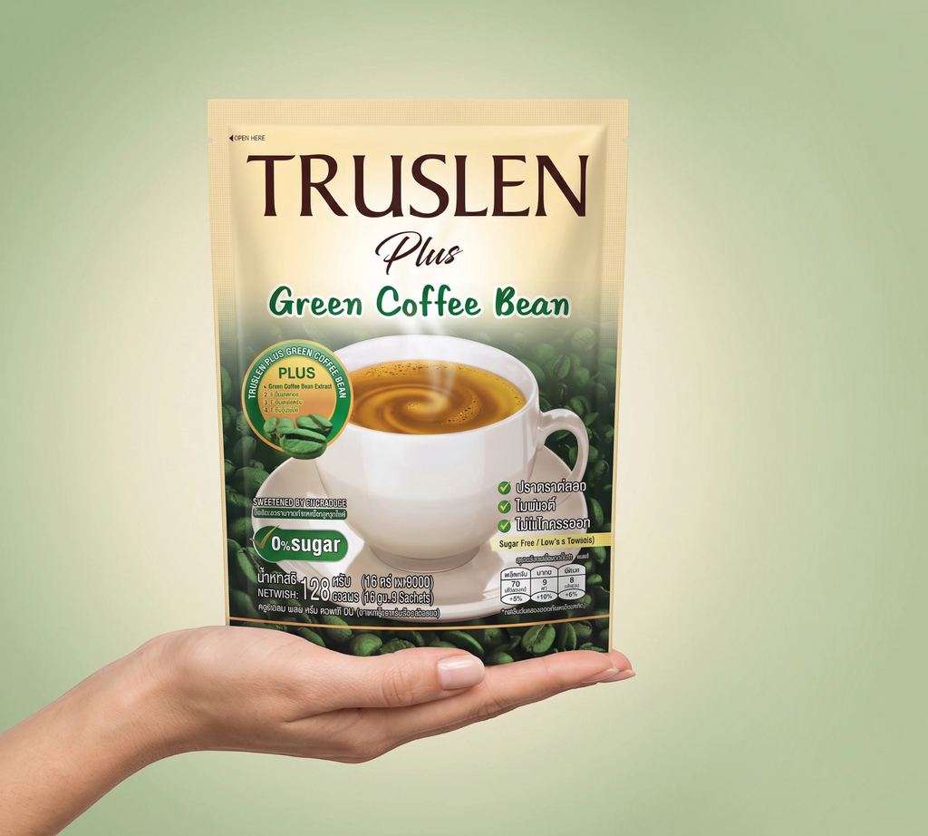 Thai Ranee TRUSLEN Plus Green Coffee Bean instant beverage mix sachet held in a hand, sugar-free coffee blend.