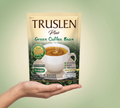 Thai Ranee TRUSLEN Plus Green Coffee Bean instant beverage mix sachet held in a hand, sugar-free coffee blend.