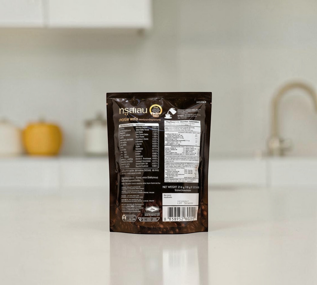 Thai Ranee TRUSLEN Kerve Plus instant coffee sachet pack back view showing nutritional information and ingredients