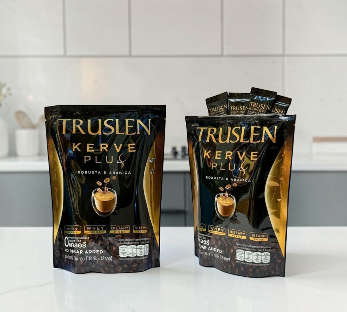 Thai Ranee TRUSLEN Kerve Plus instant coffee sachets in black and gold packaging with Robusta and Arabica blend