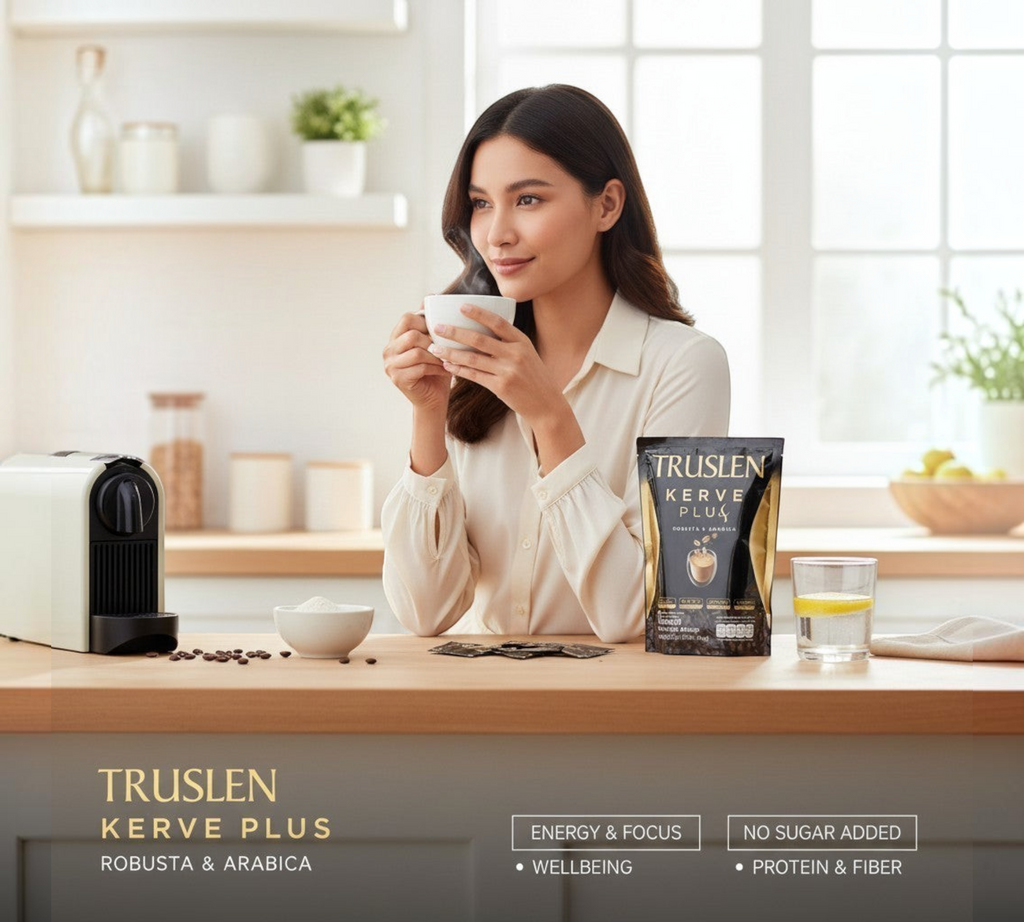 Thai Ranee Truslen Kerve Plus instant coffee mix with whey protein and fiber in a kitchen setting with a woman