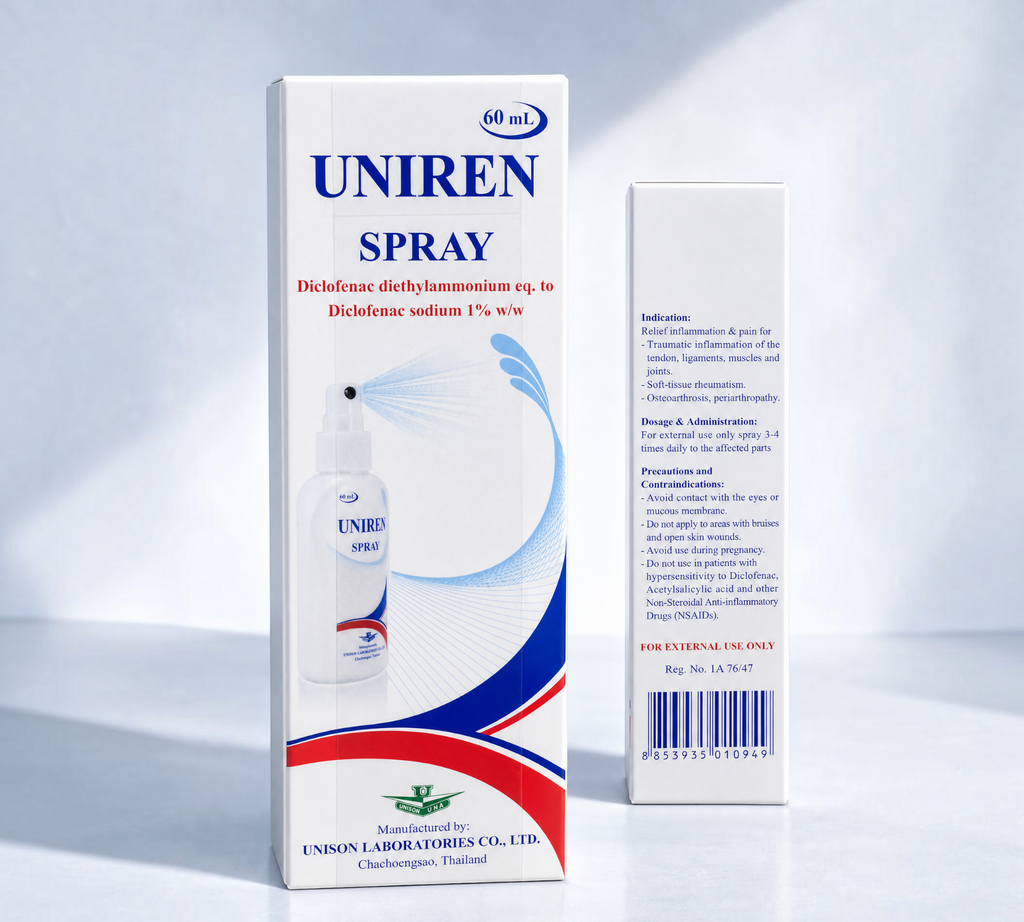 Thai Ranee Uniren Spray 1% diclofenac topical pain relief spray bottle and packaging box