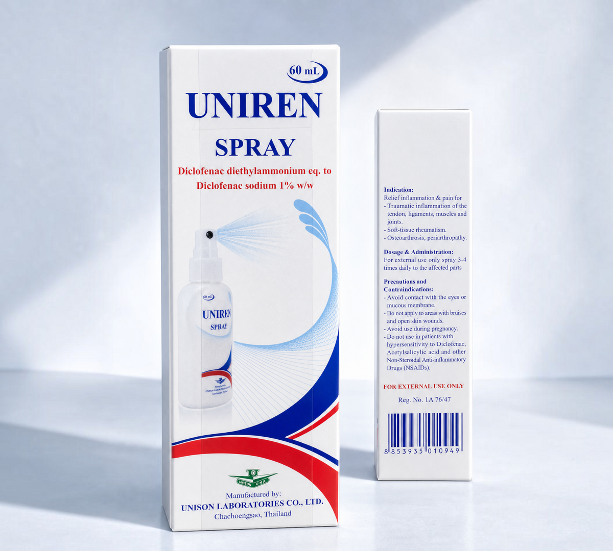 Thai Ranee Uniren Spray 1% diclofenac topical pain relief spray bottle and packaging box
