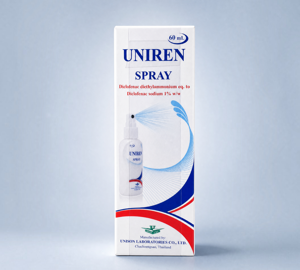 Thai Ranee Uniren Spray 1% diclofenac topical pain relief spray in a 60mL box for muscle and joint inflammation.