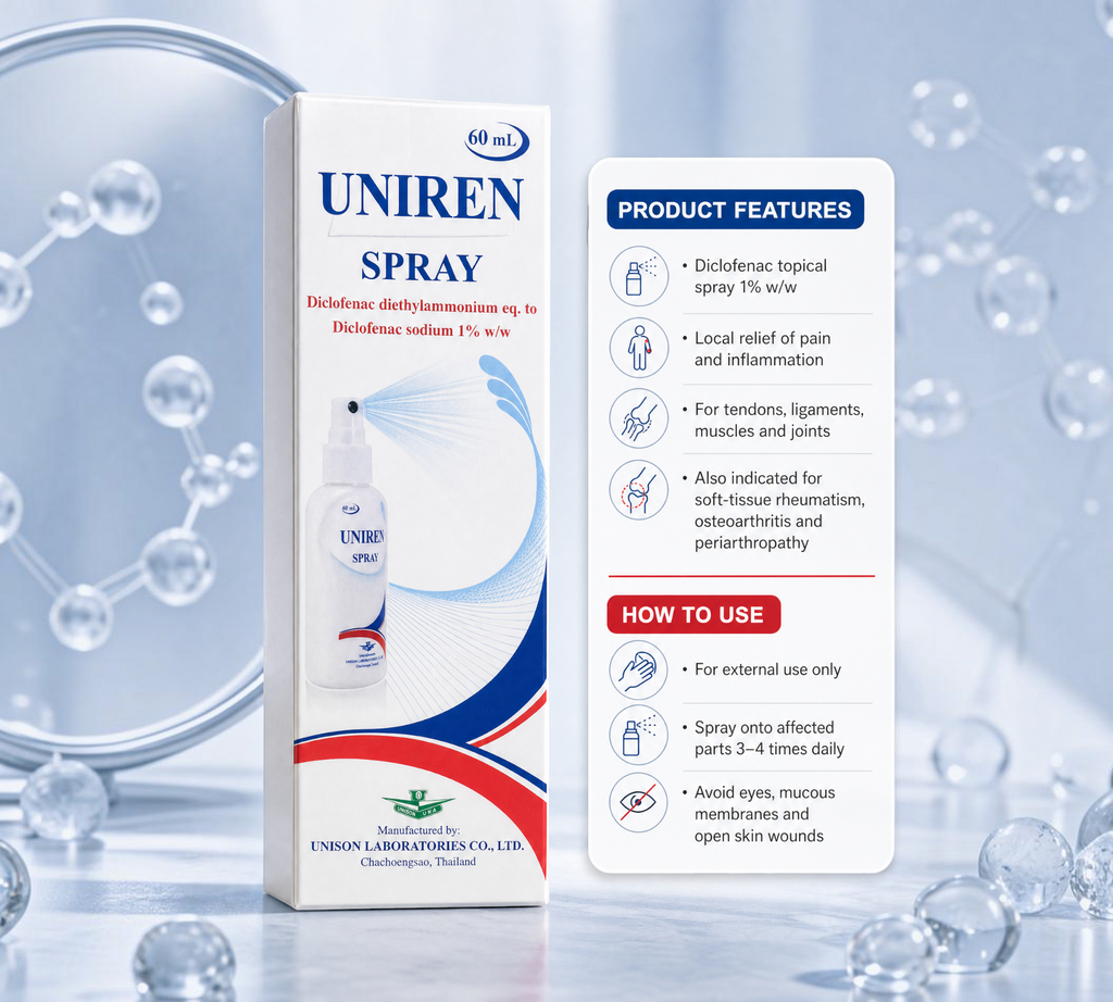 Thai Ranee Uniren Spray 1% diclofenac topical pain relief spray in 60ml box with product features and usage guide