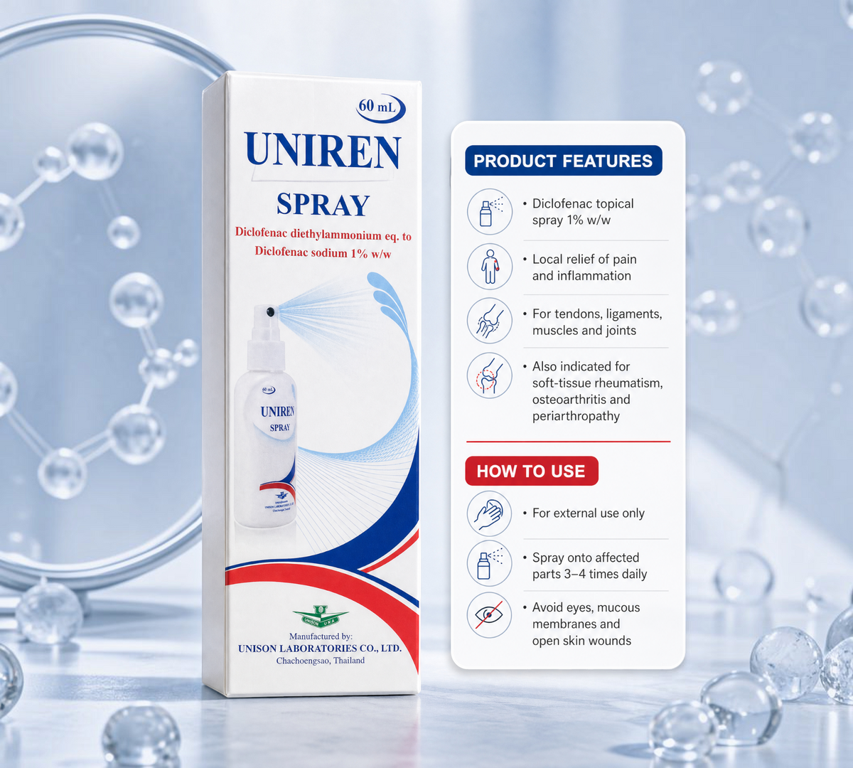 Thai Ranee Uniren Spray 1% diclofenac topical pain relief spray in 60ml box with product features and usage guide