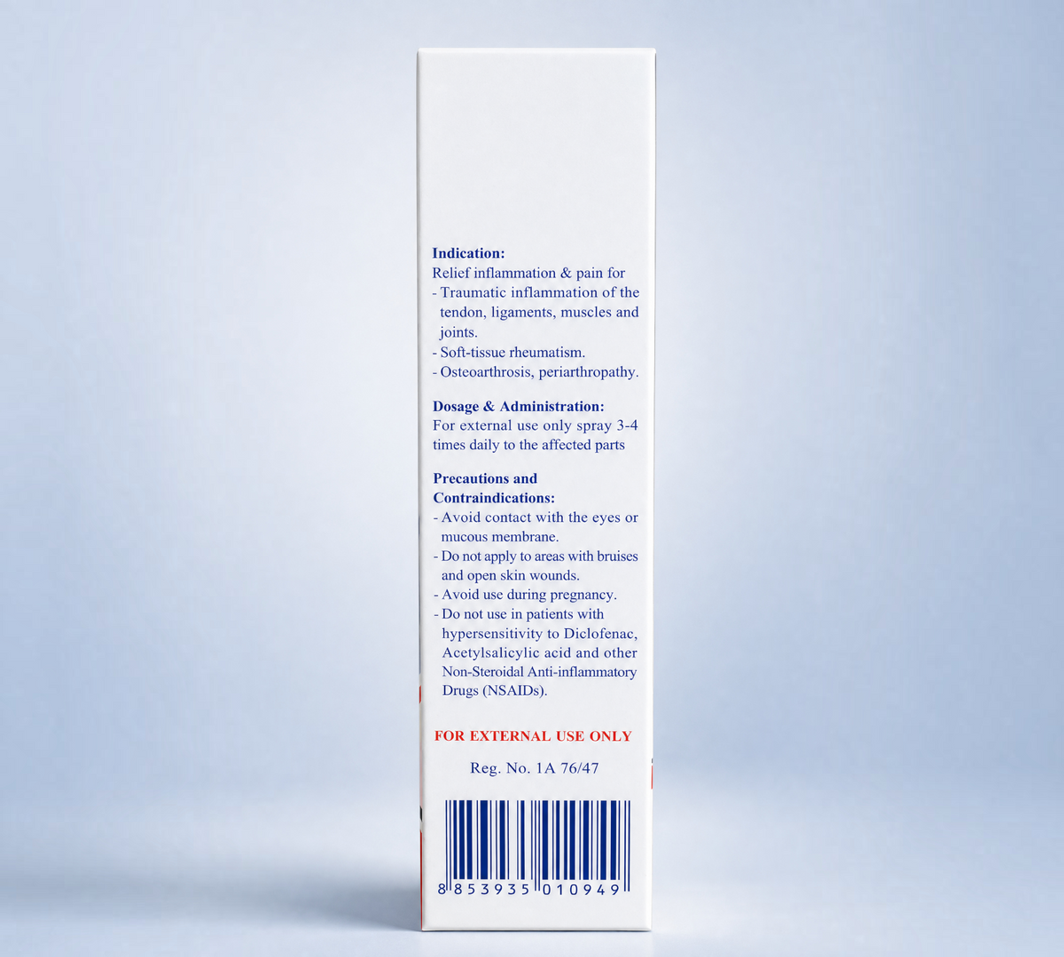 Thai Ranee Uniren Spray 1% diclofenac topical pain relief box side panel with indications and usage instructions
