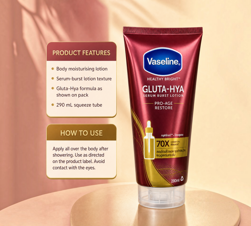 Thai Ranee Vaseline Healthy Bright Gluta-Hya Pro-Age Restore serum burst body lotion in a 290ml maroon squeeze tube.