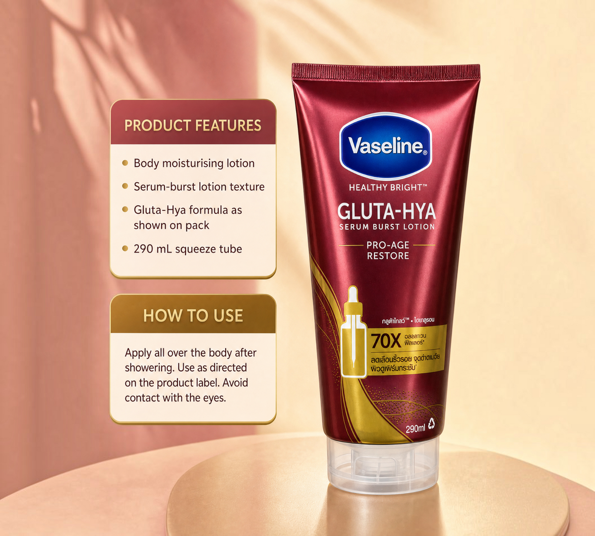 Thai Ranee Vaseline Healthy Bright Gluta-Hya Pro-Age Restore serum burst body lotion in a 290ml maroon squeeze tube.