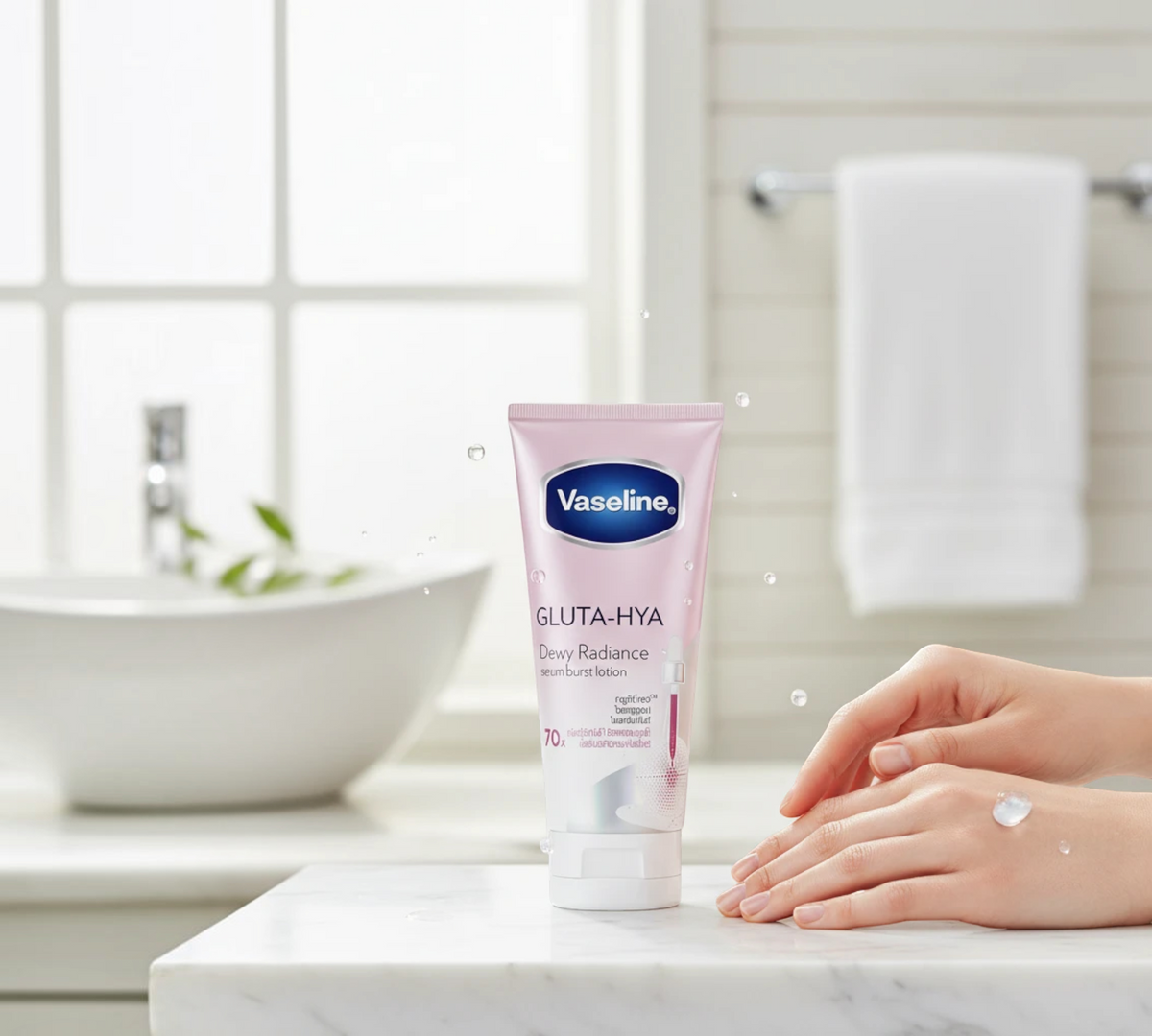 Thai Ranee Vaseline Gluta-Hya Serum Burst Lotion Dewy Radiance tube on a bathroom counter with water droplets