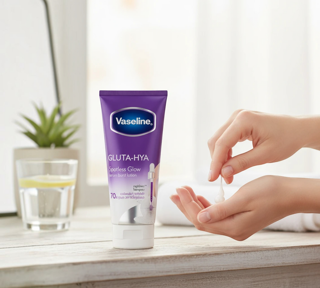 Thai Ranee Vaseline Gluta-Hya Spotless Glow serum burst lotion in a purple tube with hands applying product